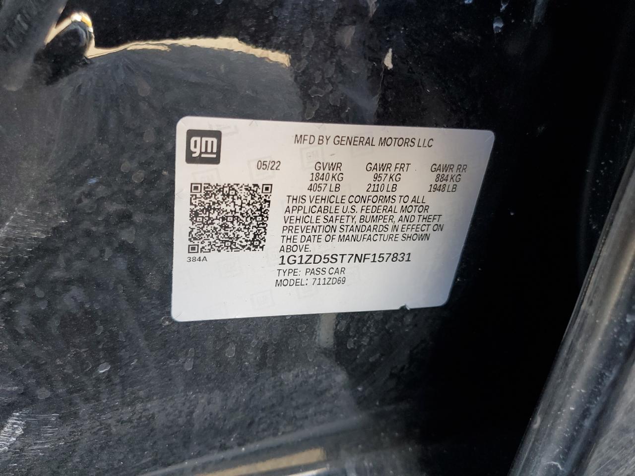 2022 CHEVROLET MALIBU LT VIN:1G1ZD5ST7NF157831