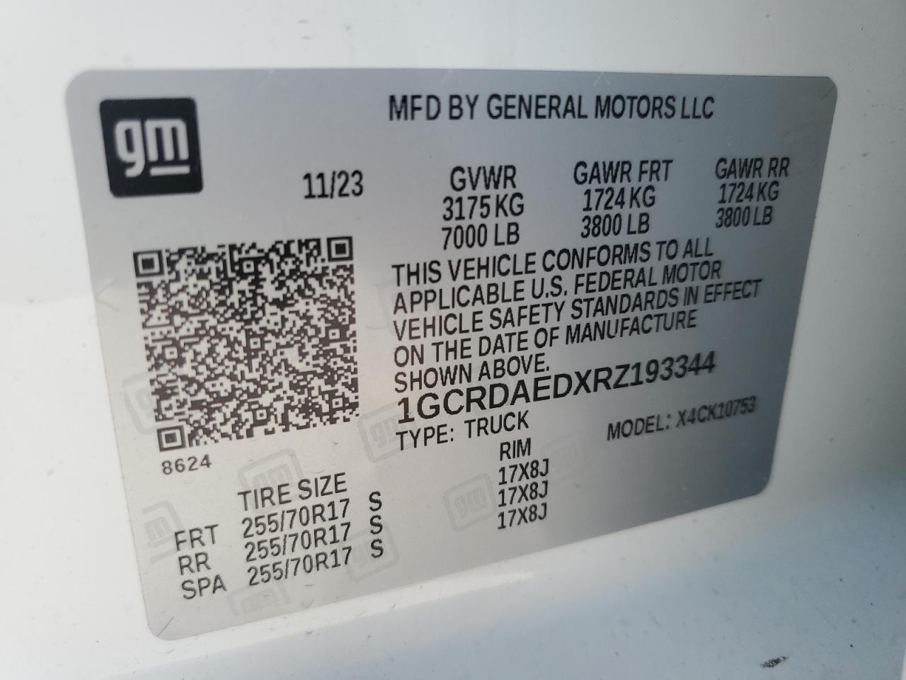 2024 CHEVROLET SILVERADO K1500 VIN:1GCRDAEDXRZ193344