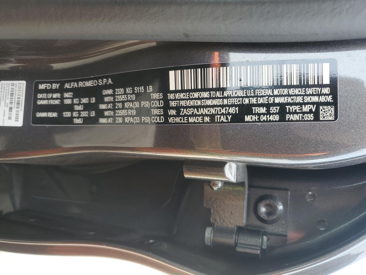 2022 ALFA ROMEO STELVIO VIN:ZASPAJAN2N7D47461