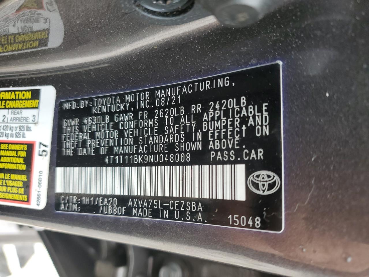 2022 TOYOTA CAMRY SE VIN:4T1T11BK9NU048008