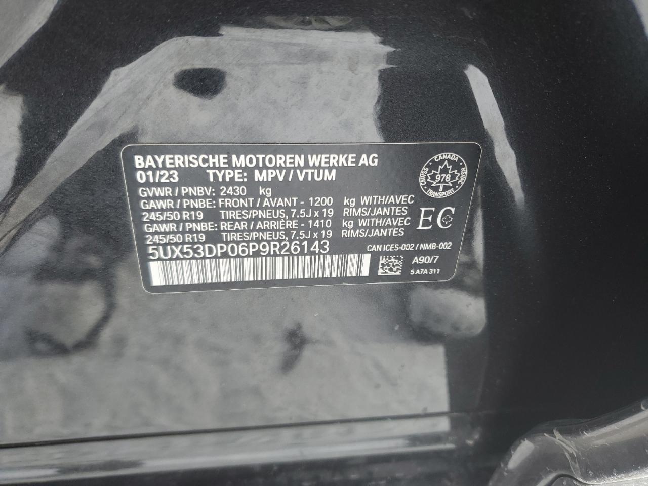 2023 BMW X3 XDRIVE30I VIN:5UX53DP06P9R26143