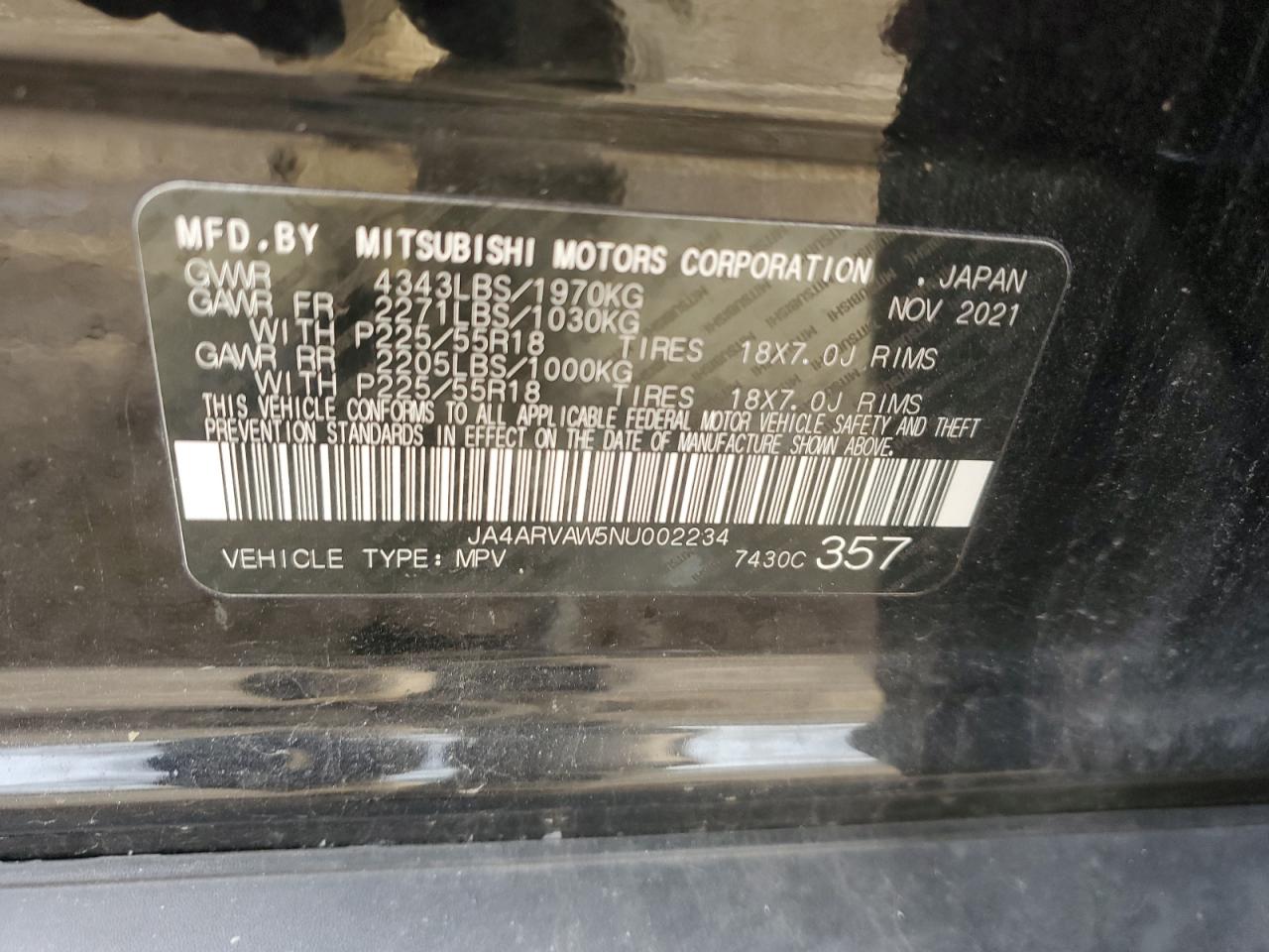 2022 MITSUBISHI OUTLANDER SPORT GT VIN:JA4ARVAW5NU002234