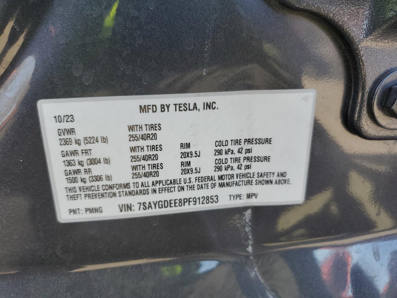 2023 TESLA MODEL Y VIN:7SAYGDEE8PF912853