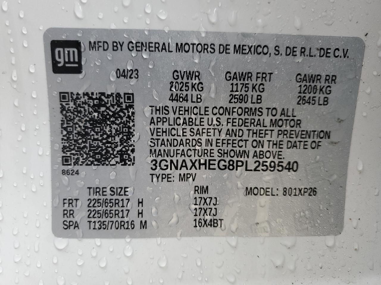 2023 CHEVROLET EQUINOX LS VIN:3GNAXHEG8PL259540