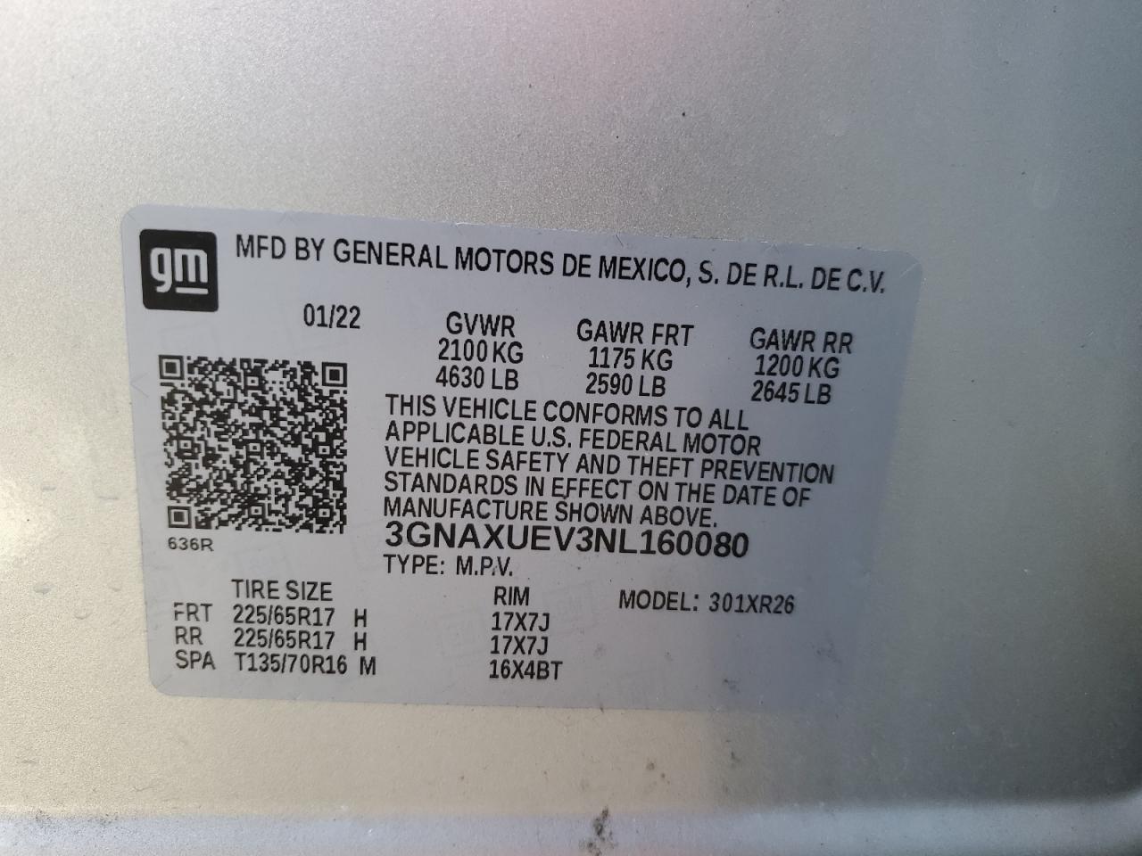 2022 CHEVROLET EQUINOX LT VIN:3GNAXUEV3NL160080