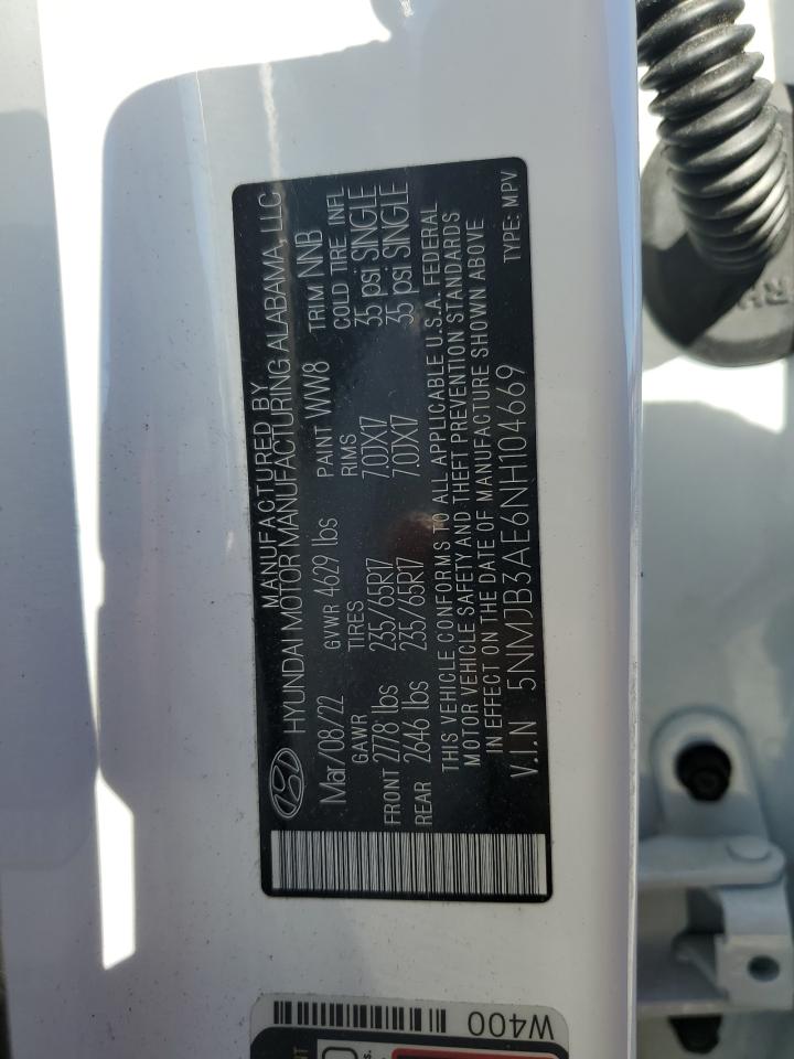 2022 HYUNDAI TUCSON SEL VIN:5NMJB3AE6NH104669