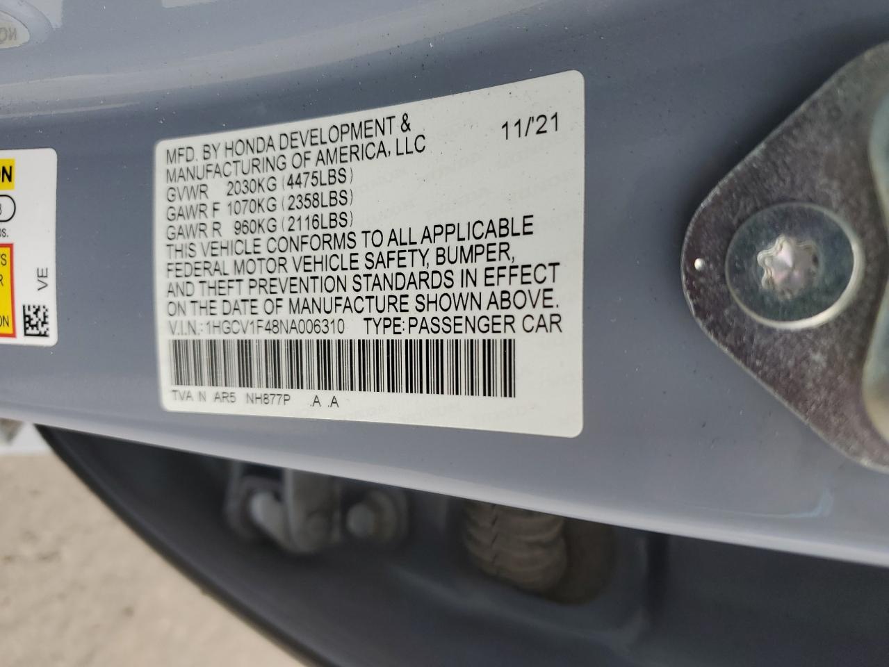 2022 HONDA ACCORD SPORT SE VIN:1HGCV1F48NA006310