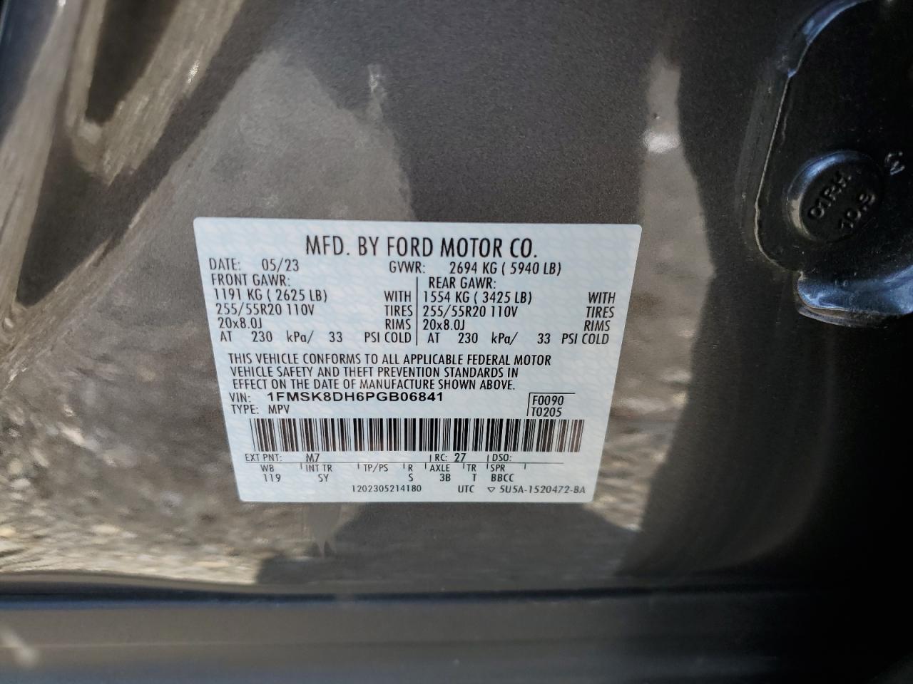 2023 FORD EXPLORER XLT VIN:1FMSK8DH6PGB06841