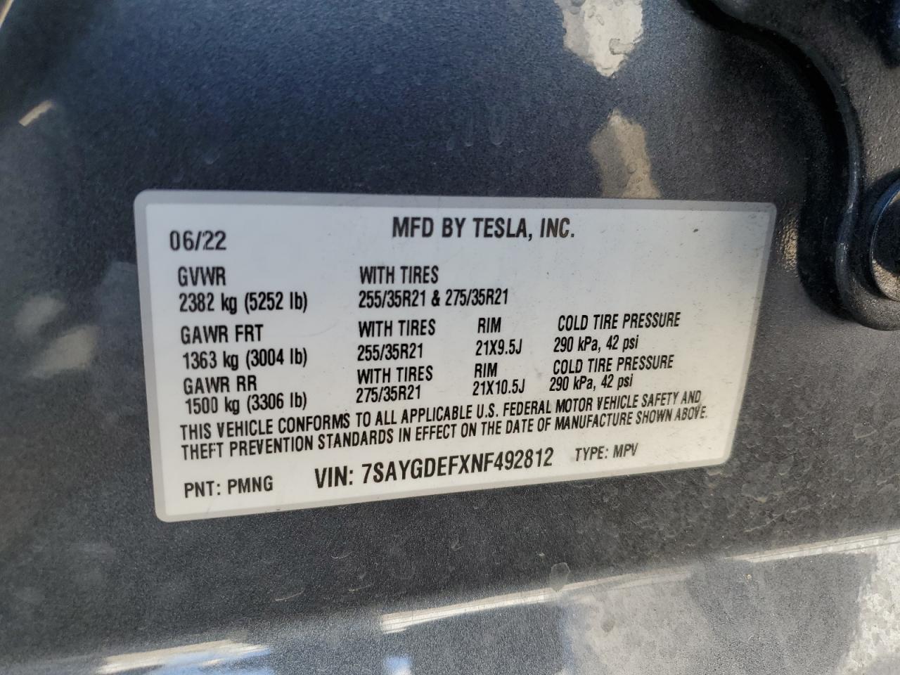 2022 TESLA MODEL Y VIN:7SAYGDEFXNF492812