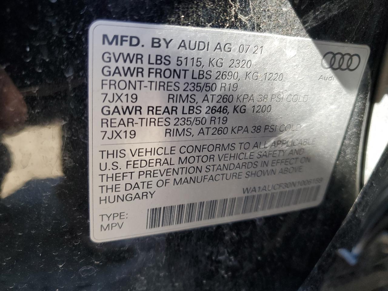 2022 AUDI Q3 PREMIUM 40 VIN:WA1AUCF30N1006159