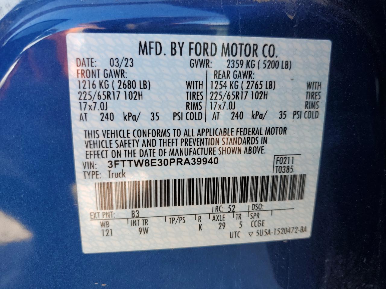 2023 FORD MAVERICK XL VIN:3FTTW8E30PRA39940