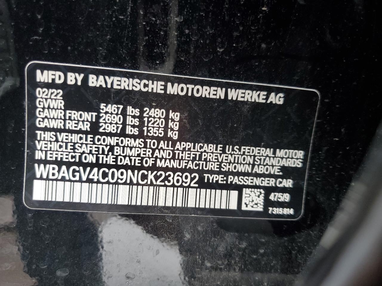 2022 BMW 840XI VIN:WBAGV4C09NCK23692