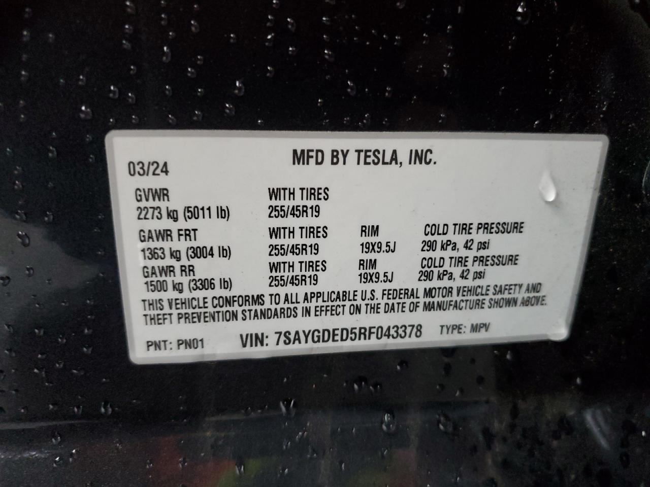 2024 TESLA MODEL Y VIN:7SAYGDED5RF043378