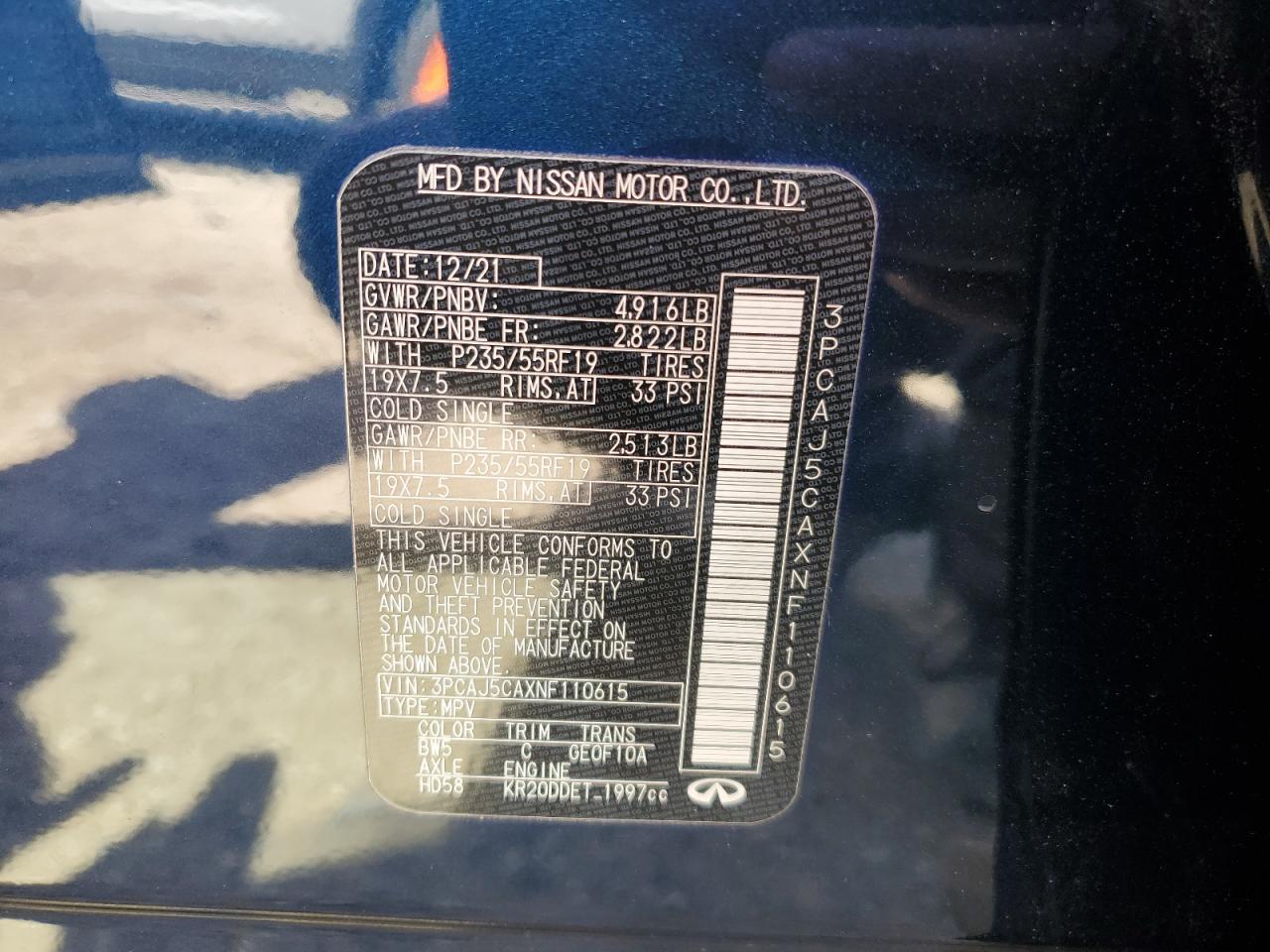 2022 INFINITI QX50 ESSENTIAL VIN:3PCAJ5CAXNF110615