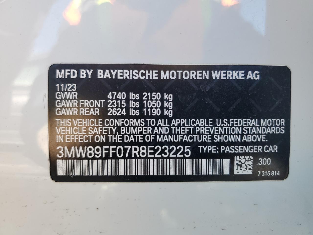 2024 BMW 330XI VIN:3MW89FF07R8E23225