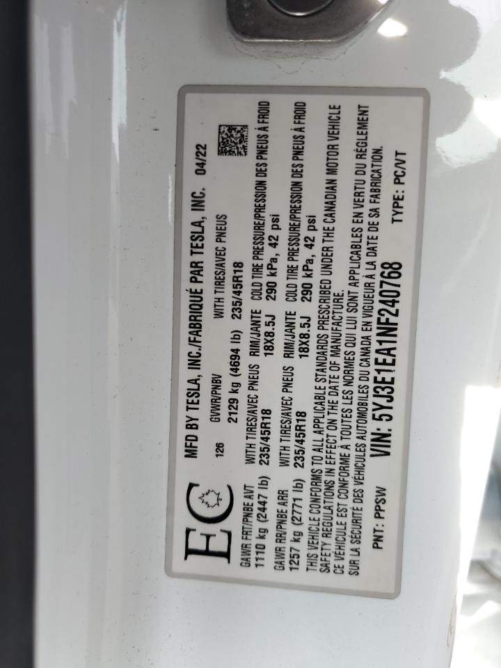 2022 TESLA MODEL 3 VIN:5YJ3E1EA1NF240768