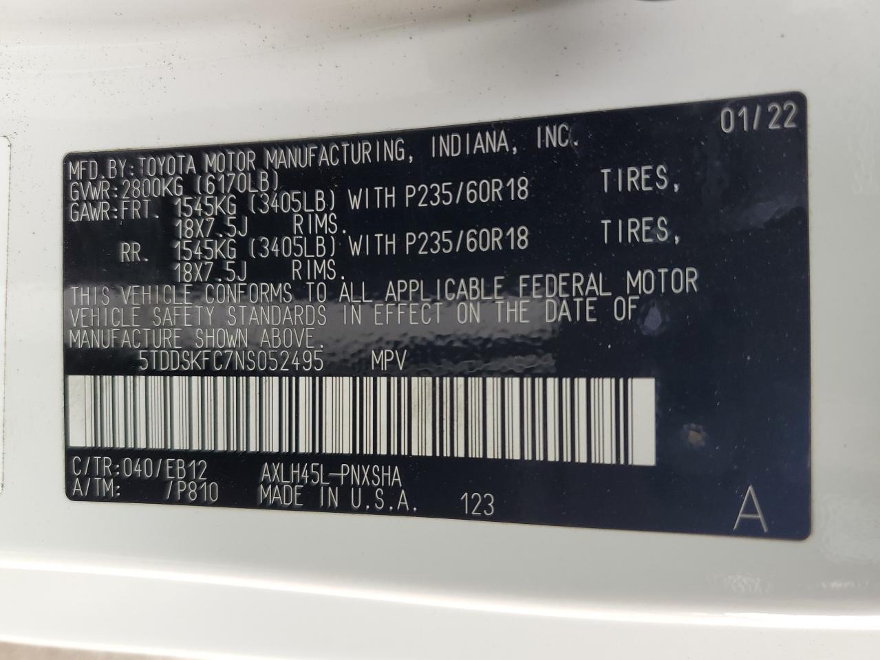 2022 TOYOTA SIENNA XSE VIN:5TDDSKFC7NS052495