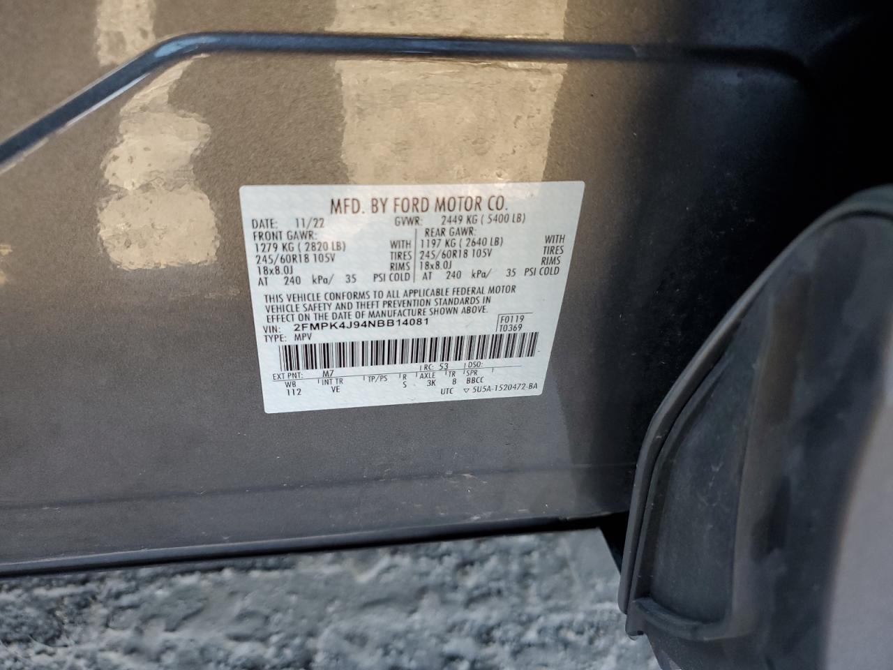 2022 FORD EDGE SEL VIN:2FMPK4J94NBB14081