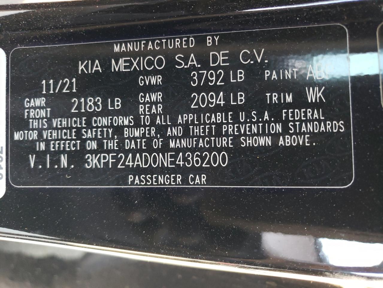 2022 KIA FORTE FE VIN:3KPF24AD0NE436200