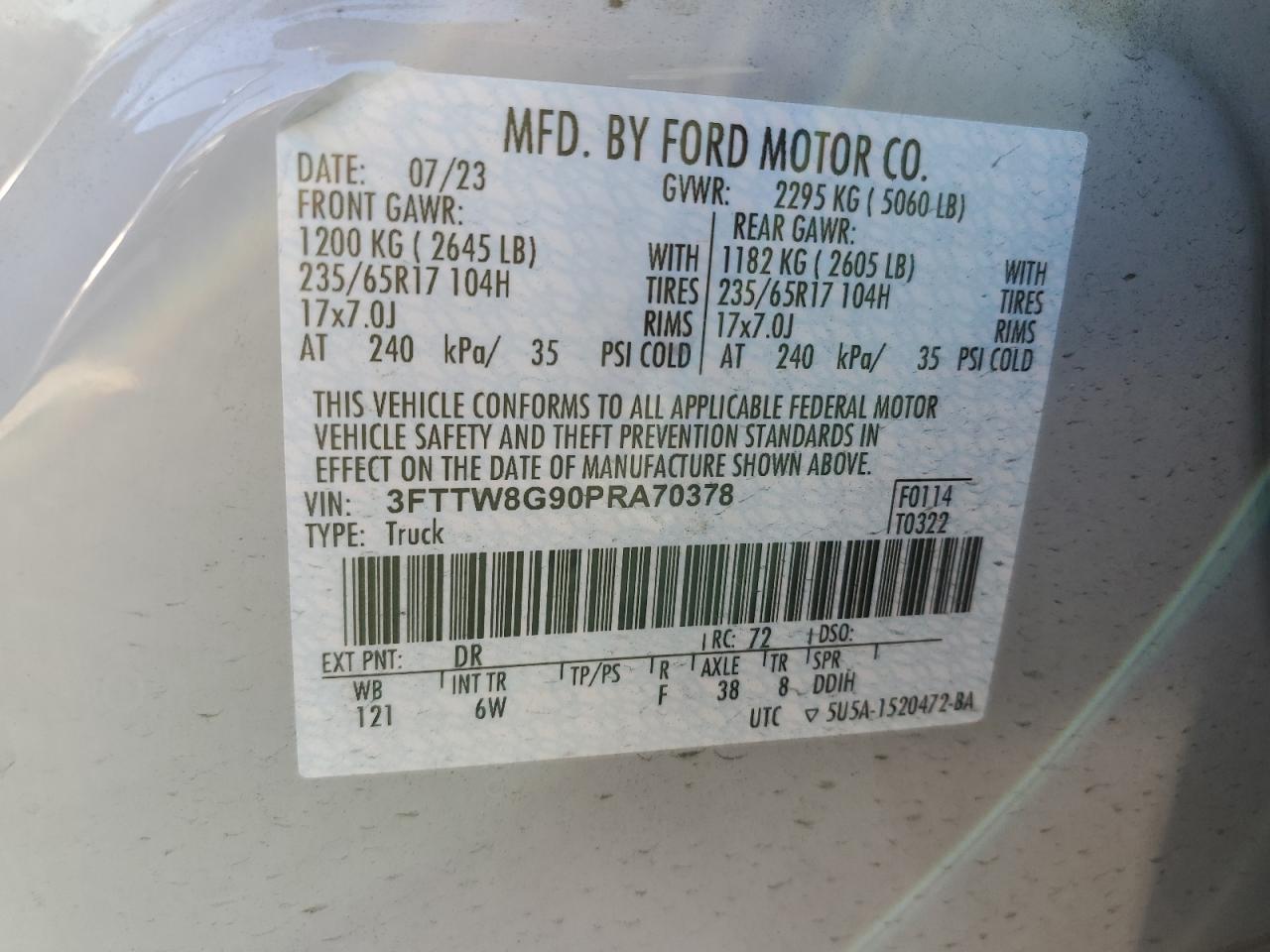 2023 FORD MAVERICK XLT VIN:3FTTW8G90PRA70378