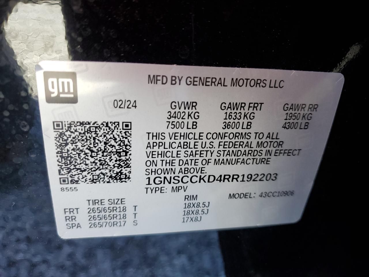 2024 CHEVROLET SUBURBAN C1500 LT VIN:1GNSCCKD4RR192203