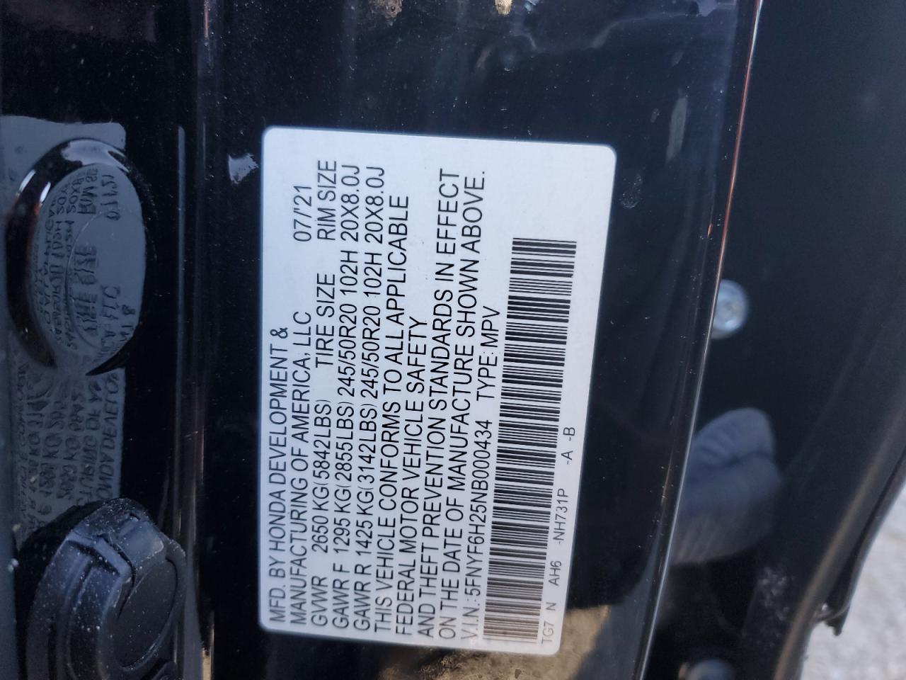 2022 HONDA PILOT SE VIN:5FNYF6H25NB000434