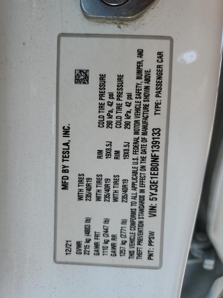 2022 TESLA MODEL 3 VIN:5YJ3E1EB0NF139133