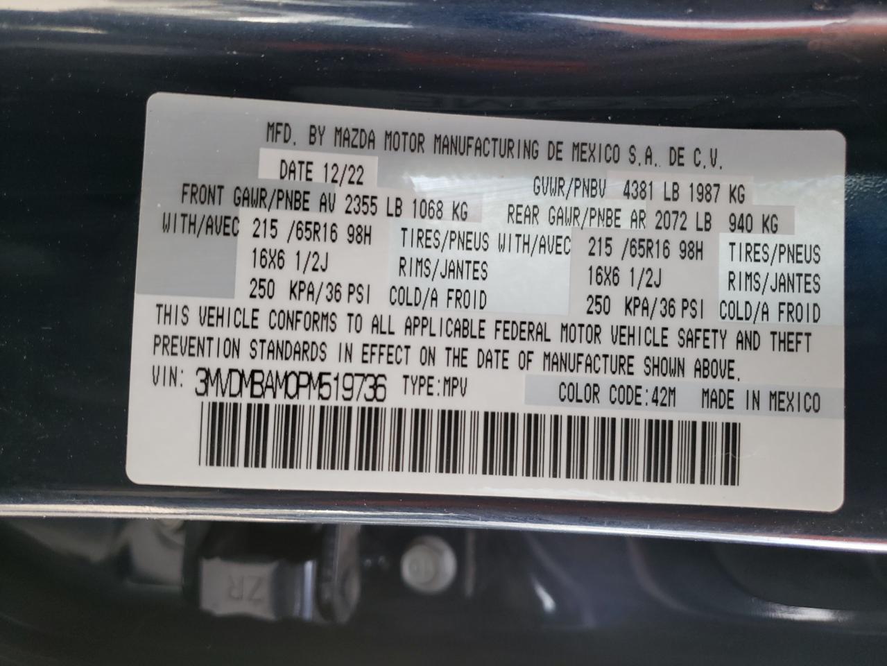 2023 MAZDA CX-30 VIN:3MVDMBAM0PM519736