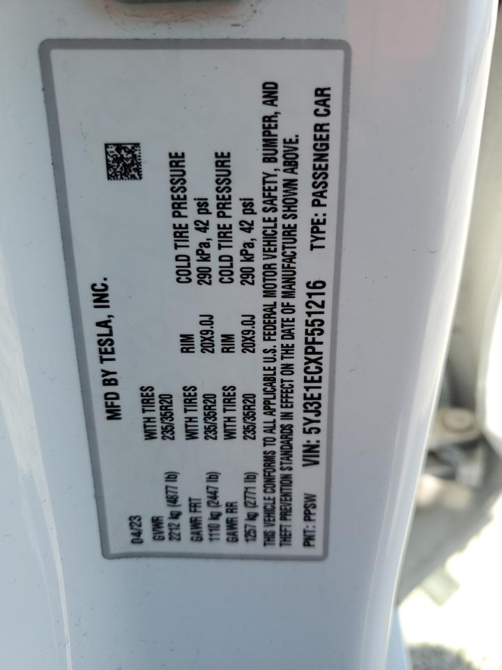 2023 TESLA MODEL 3 VIN:5YJ3E1ECXPF551216
