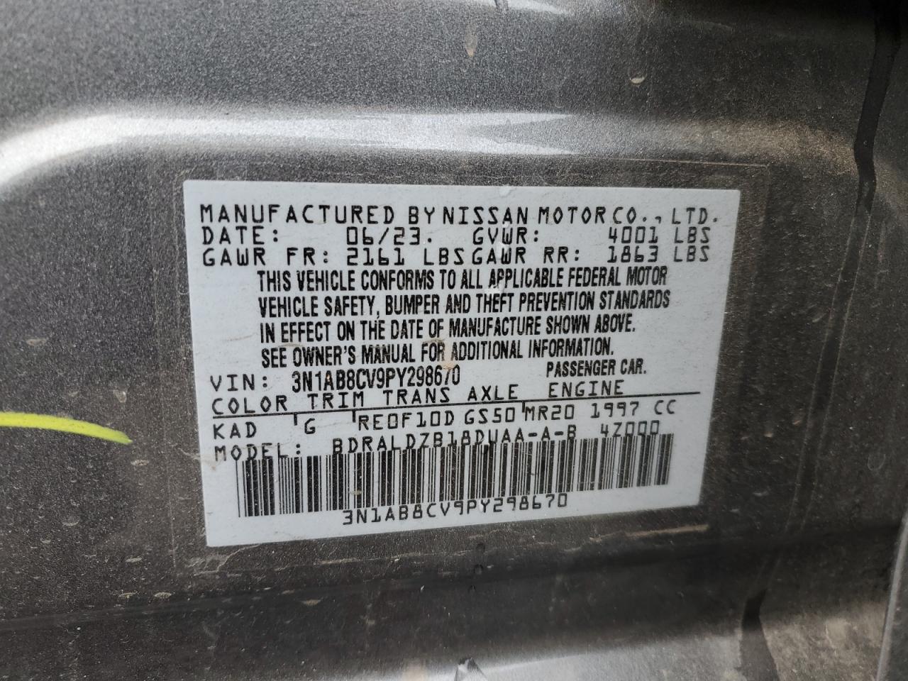2023 NISSAN SENTRA SV VIN:3N1AB8CV9PY298670