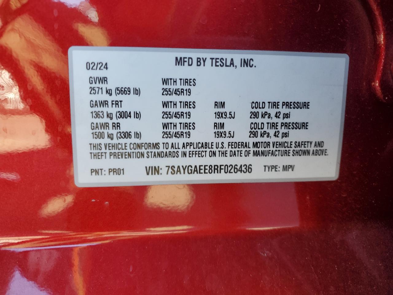 2024 TESLA MODEL Y VIN:7SAYGAEE8RF026436