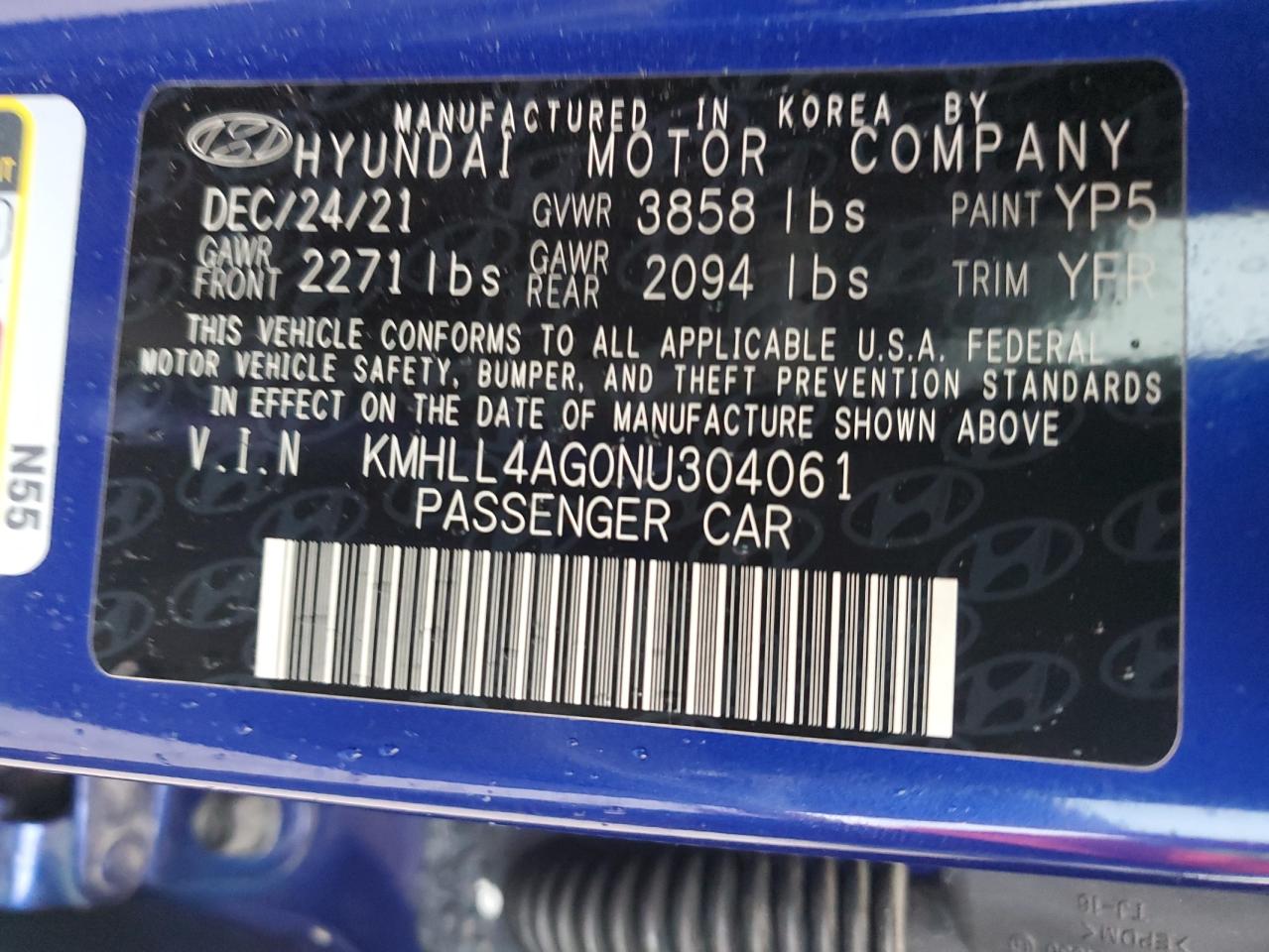 2022 HYUNDAI ELANTRA SE VIN:KMHLL4AG0NU304061
