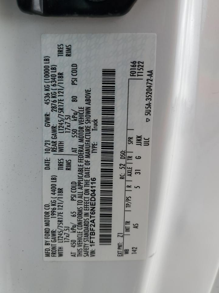 2022 FORD F250 SUPER DUTY VIN:1FTBF2AT6NED04116