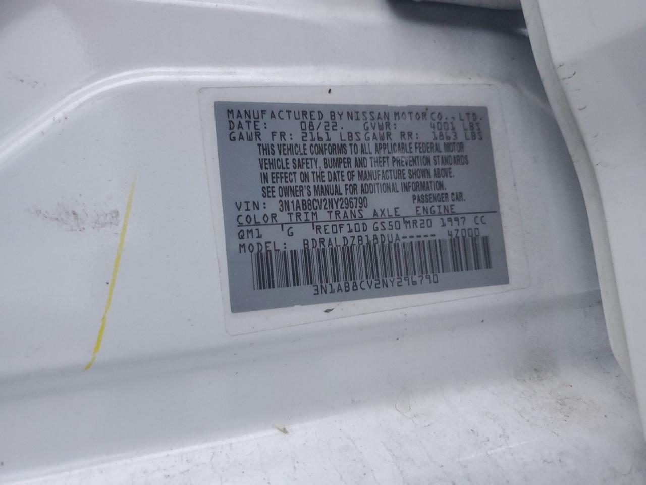 2022 NISSAN SENTRA SV VIN:3N1AB8CV2NY296790