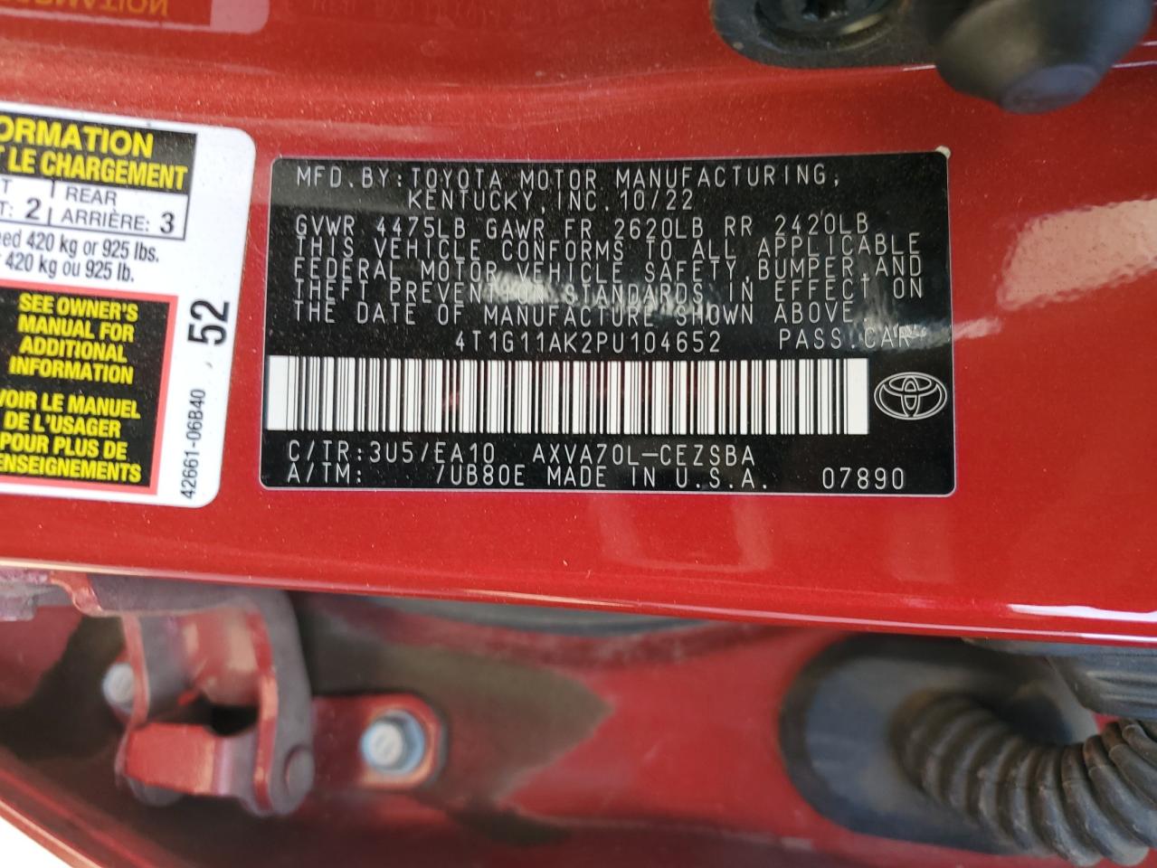 2023 TOYOTA CAMRY SE NIGHT SHADE VIN:4T1G11AK2PU104652