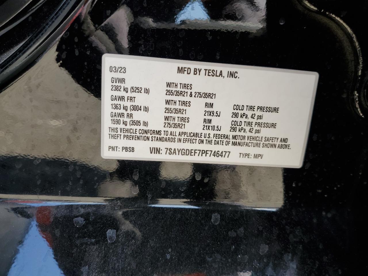 2023 TESLA MODEL Y VIN:7SAYGDEF7PF746477