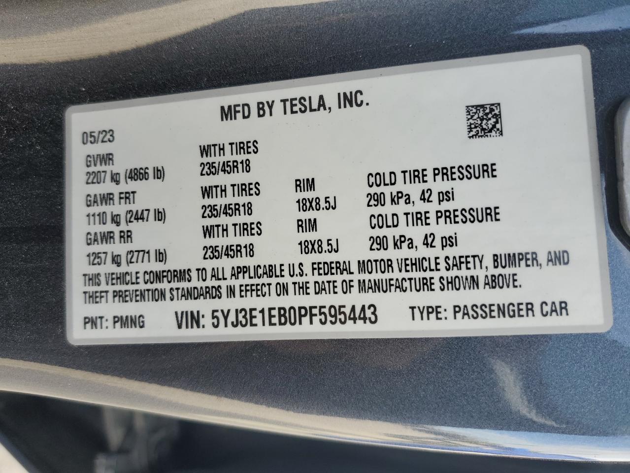 2023 TESLA MODEL 3 VIN:5YJ3E1EB0PF595443