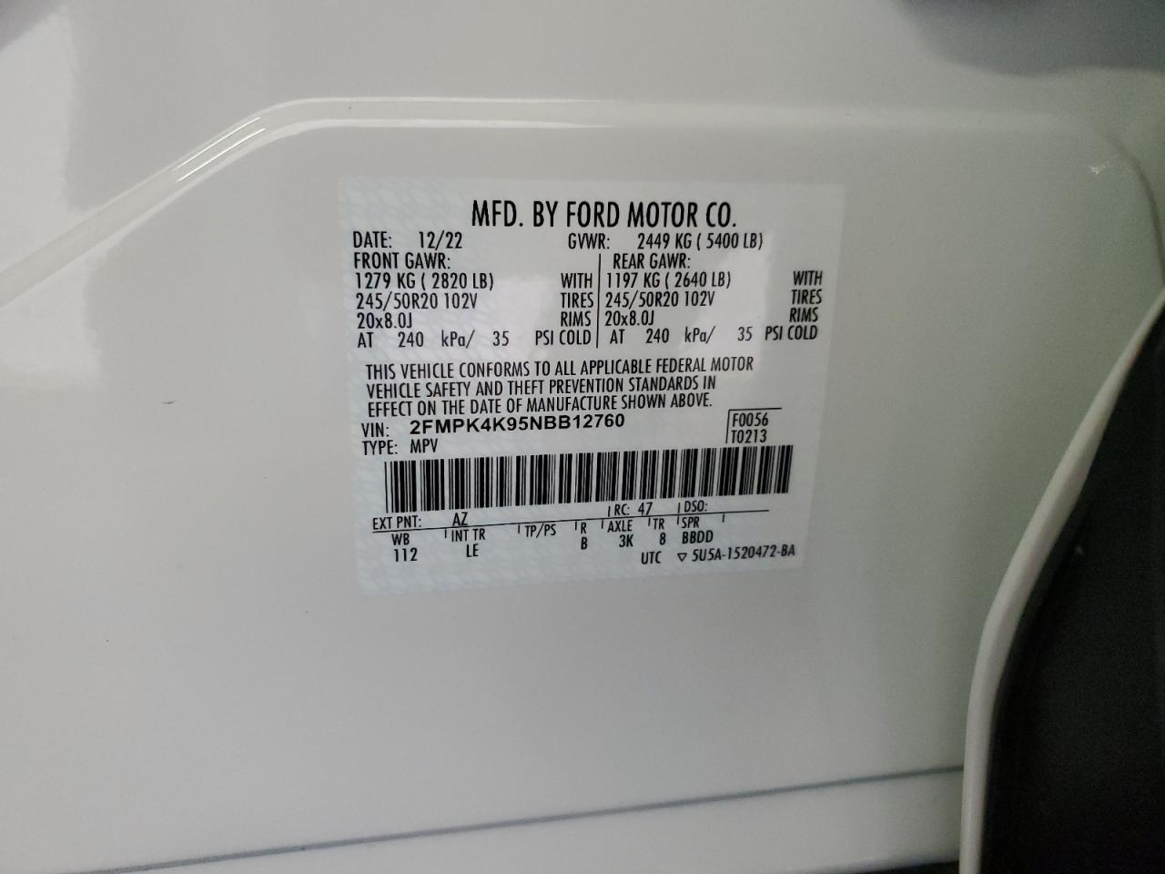 2022 FORD EDGE TITANIUM VIN:2FMPK4K95NBB12760