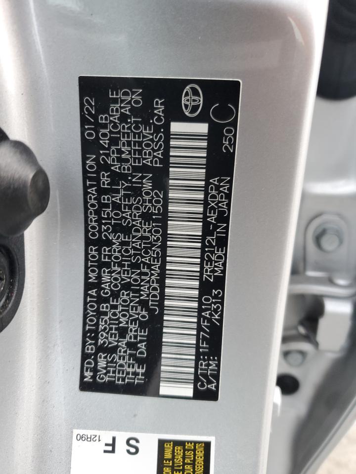 2022 TOYOTA COROLLA L VIN:JTDDPMAE5N3011502