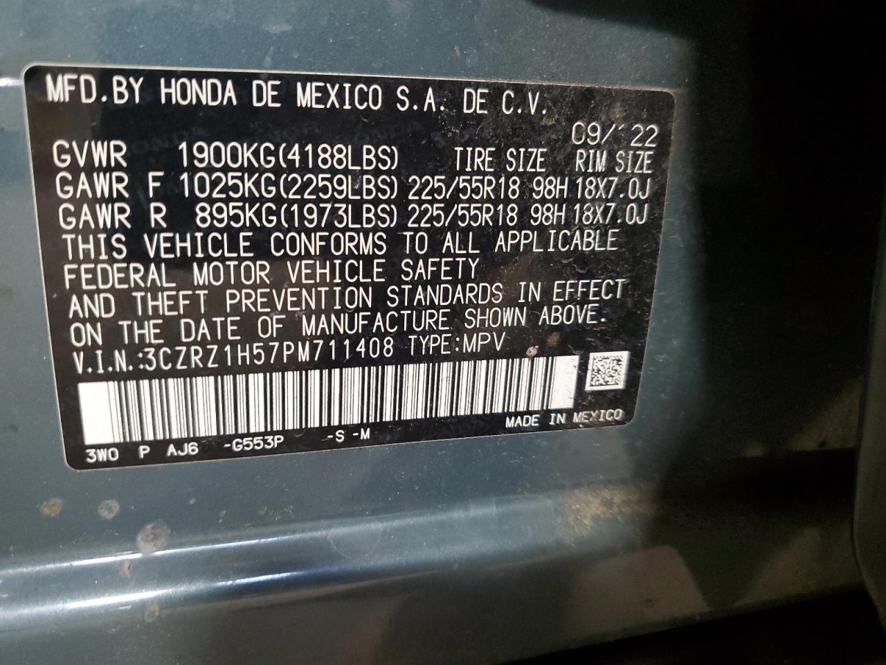 2023 HONDA HR-V SPORT VIN:3CZRZ1H57PM711408