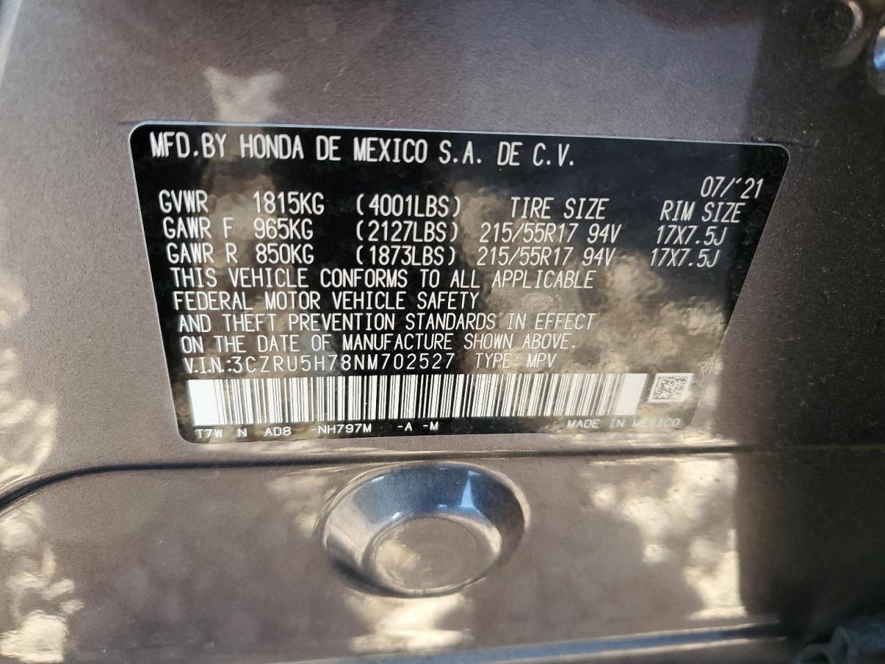 2022 HONDA HR-V EXL VIN:3CZRU5H78NM702527