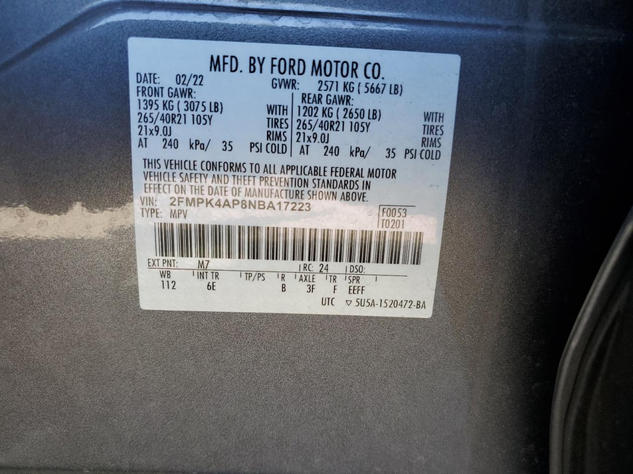 2022 FORD EDGE ST VIN:2FMPK4AP8NBA17223