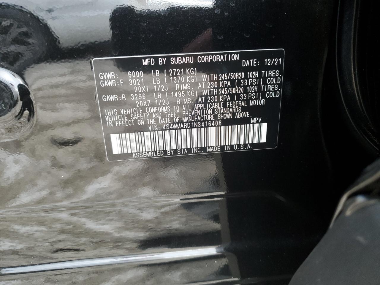 2022 SUBARU ASCENT TOURING VIN:4S4WMARD1N3416408