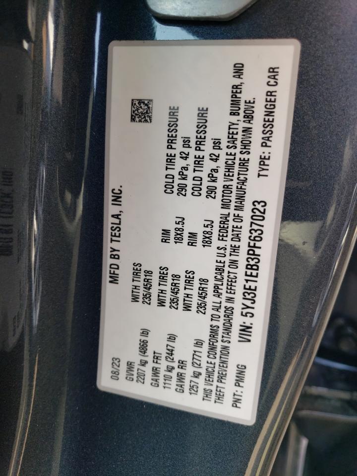 2023 TESLA MODEL 3 VIN:5YJ3E1EB3PF637023