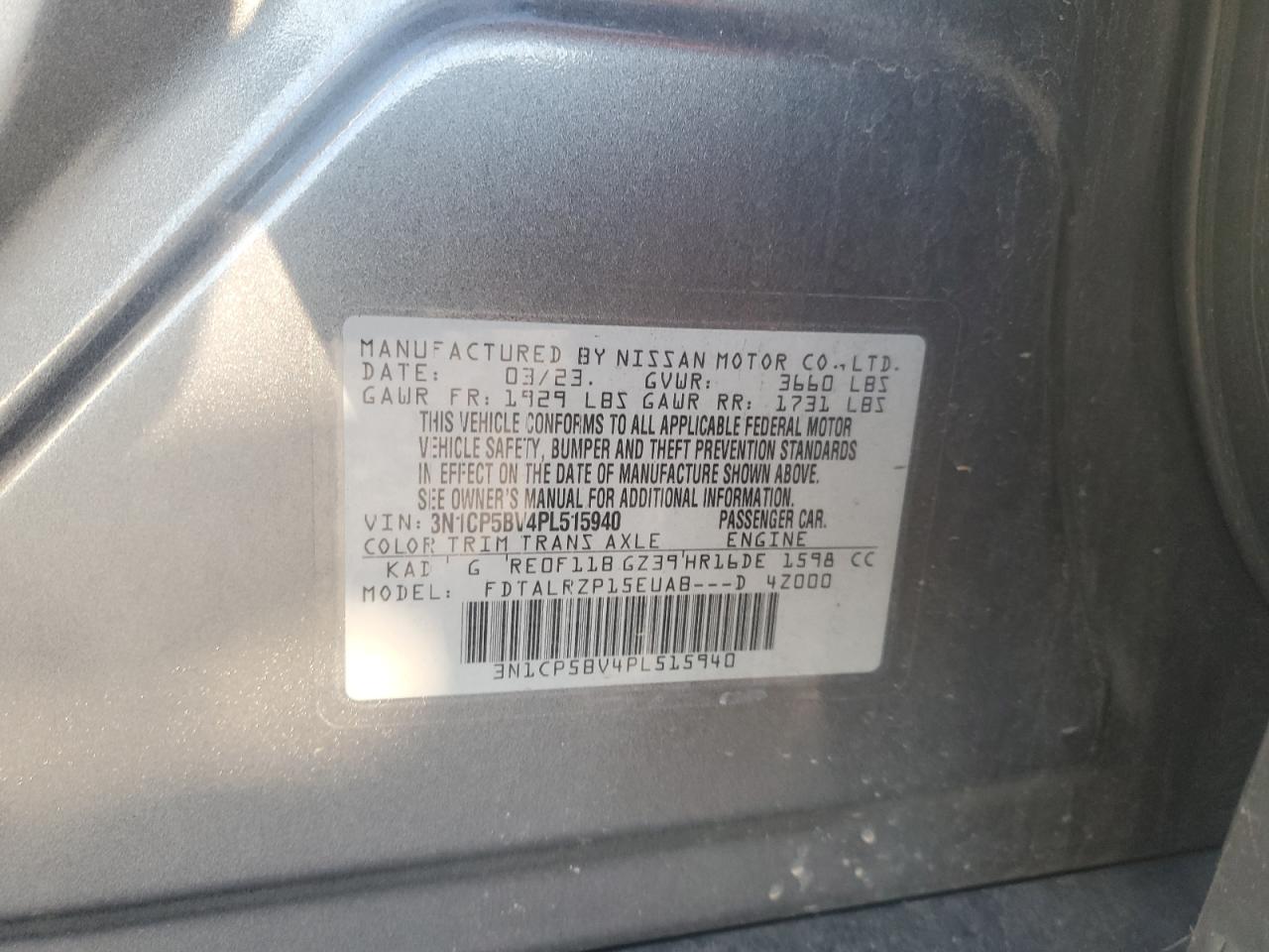 2023 NISSAN KICKS S VIN:3N1CP5BV4PL515940