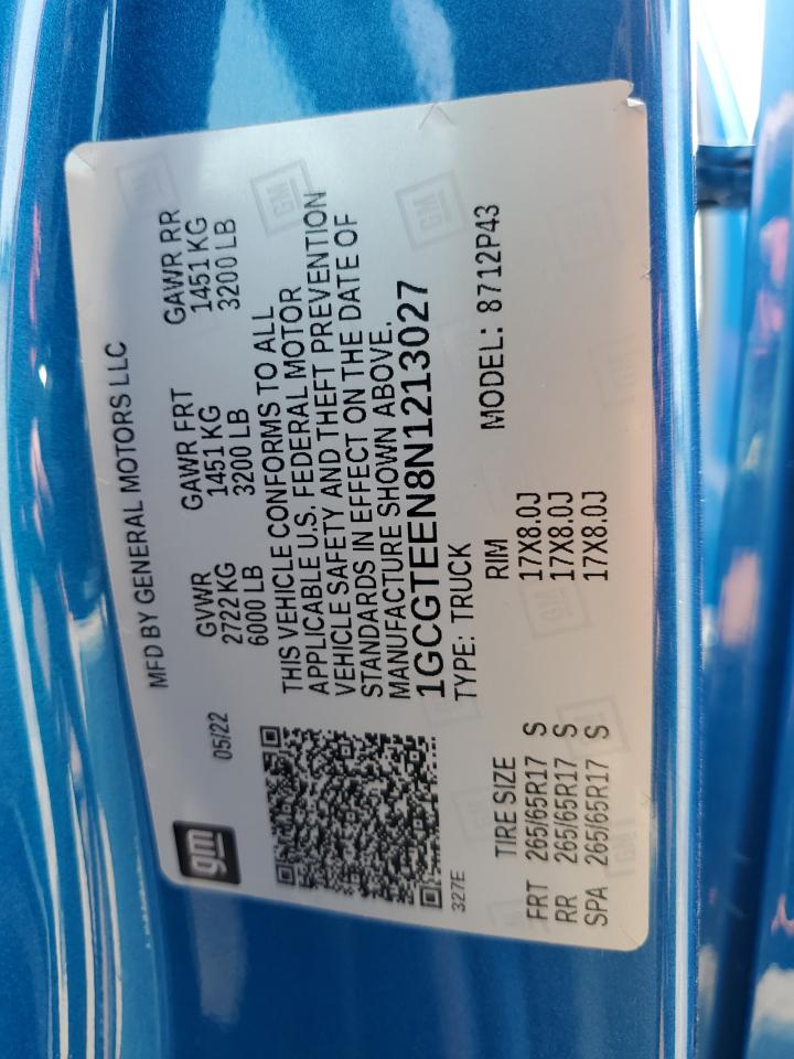 2022 CHEVROLET COLORADO ZR2 VIN:1GCGTEEN8N1213027