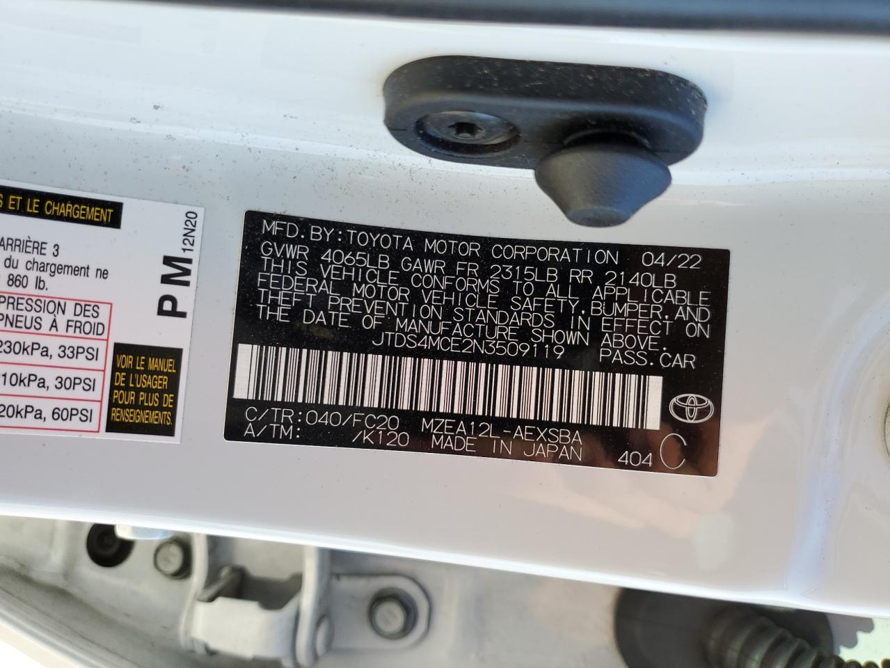 2022 TOYOTA COROLLA SE VIN:JTDS4MCE2N3509119