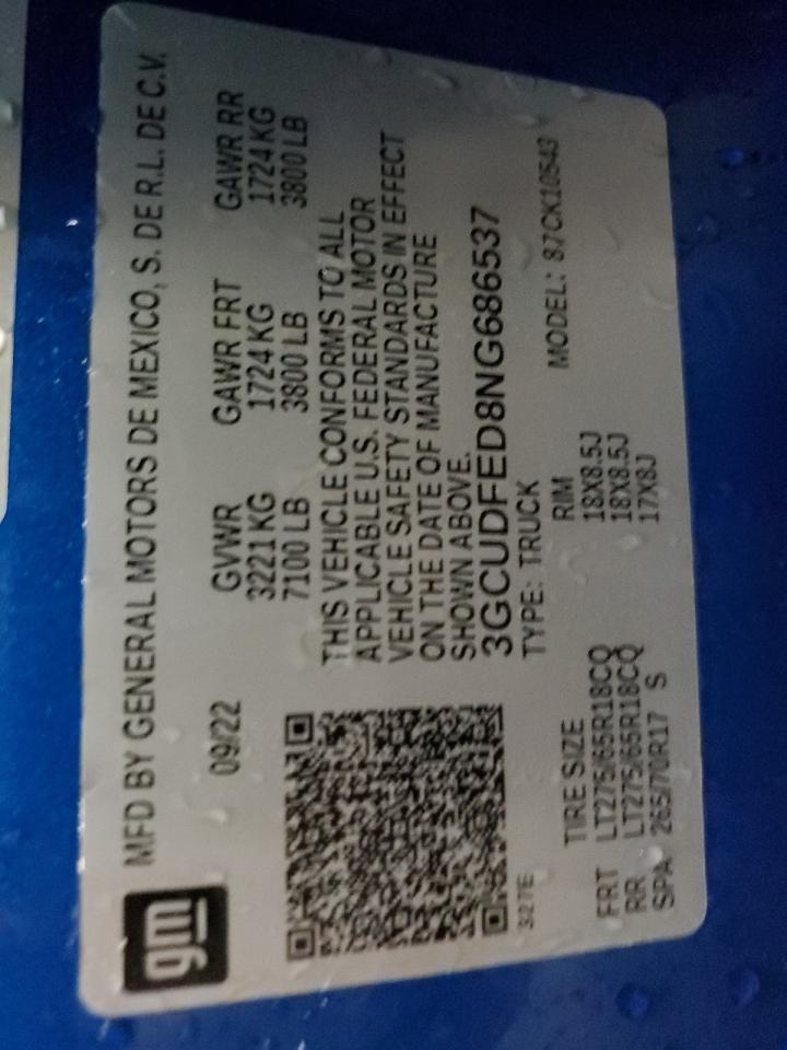 2022 CHEVROLET SILVERADO K1500 LT TRAIL BOSS VIN:3GCUDFED8NG686537