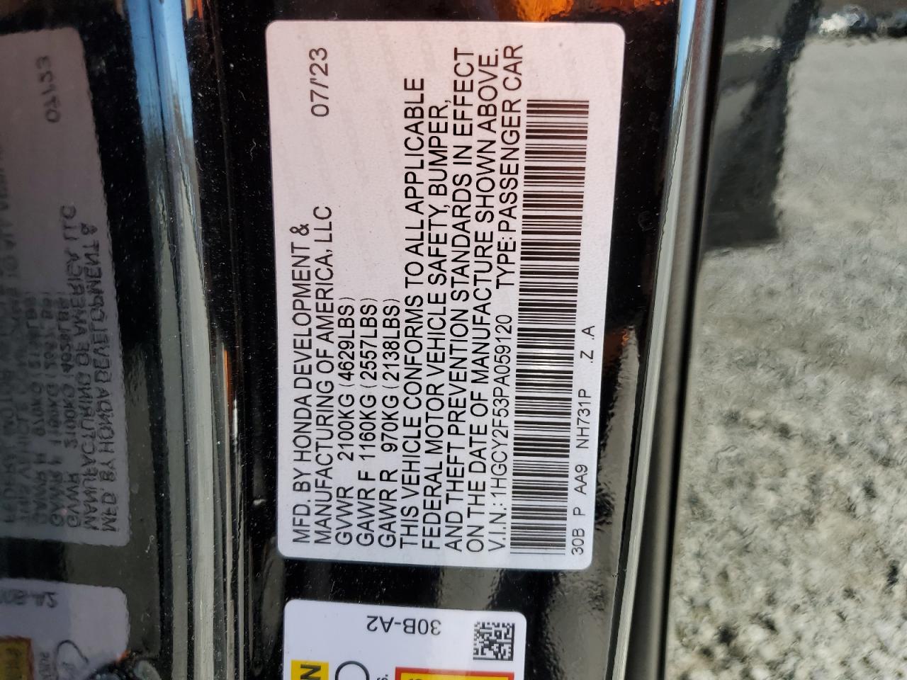 2023 HONDA ACCORD HYBRID SPORT VIN:1HGCY2F53PA059120
