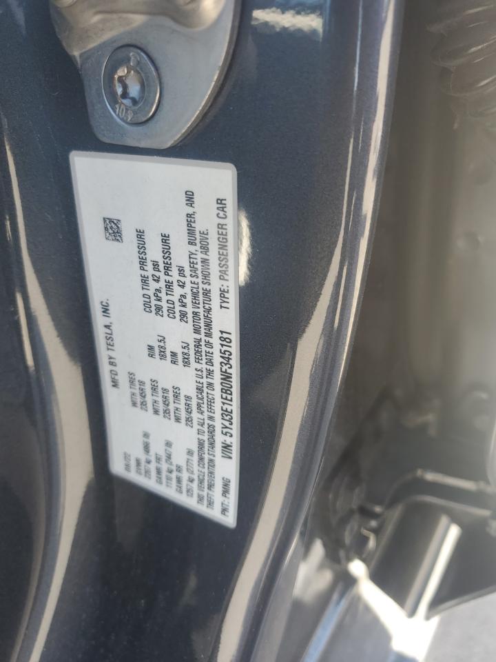 2022 TESLA MODEL 3 VIN:5YJ3E1EB0NF345181